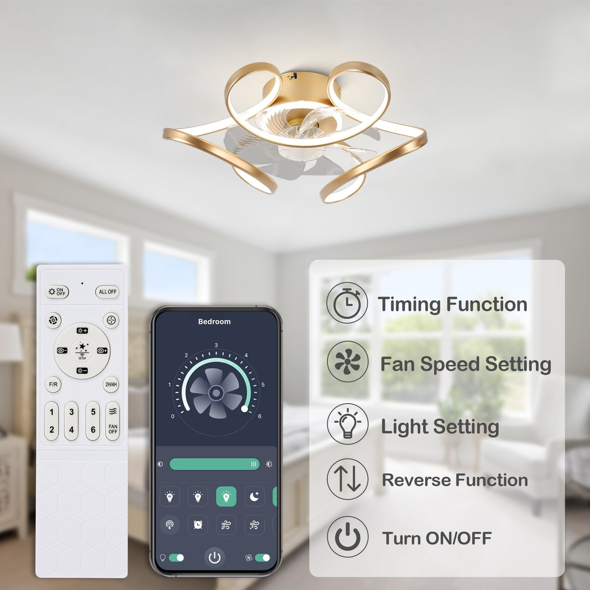 Oaks Aura 22"Futuristic Black Modern Flush Mount Ceiling Fan with Light, Low Profile 6-Speed Smart APP Ceiling Fan With Remote