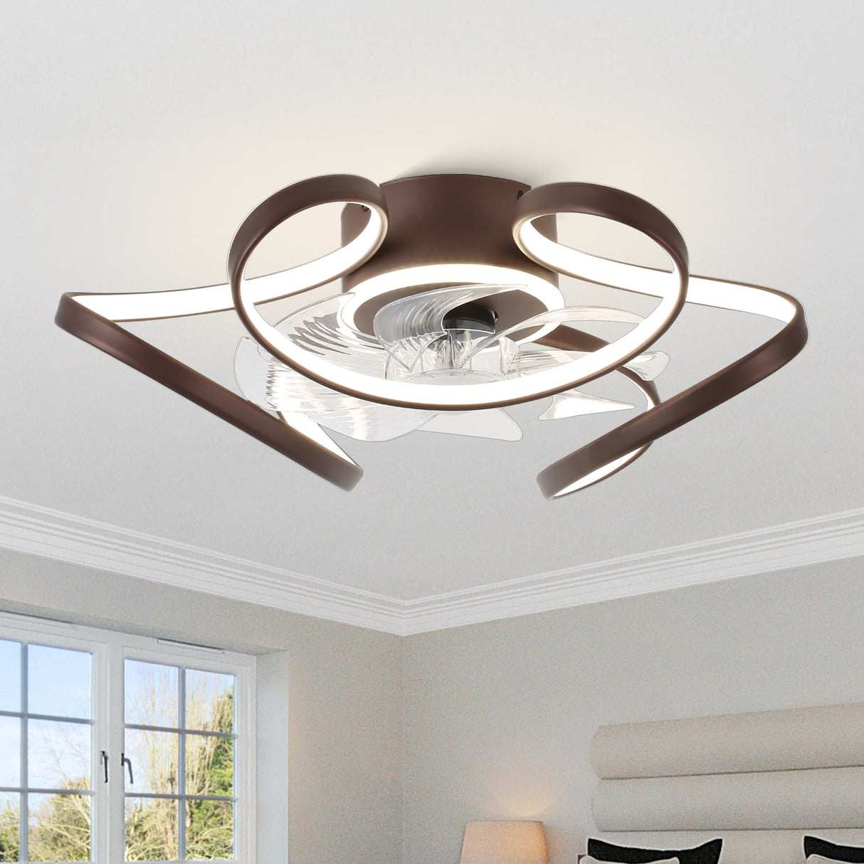 Oaks Aura 22"Futuristic Black Modern Flush Mount Ceiling Fan with Light, Low Profile 6-Speed Smart APP Ceiling Fan With Remote