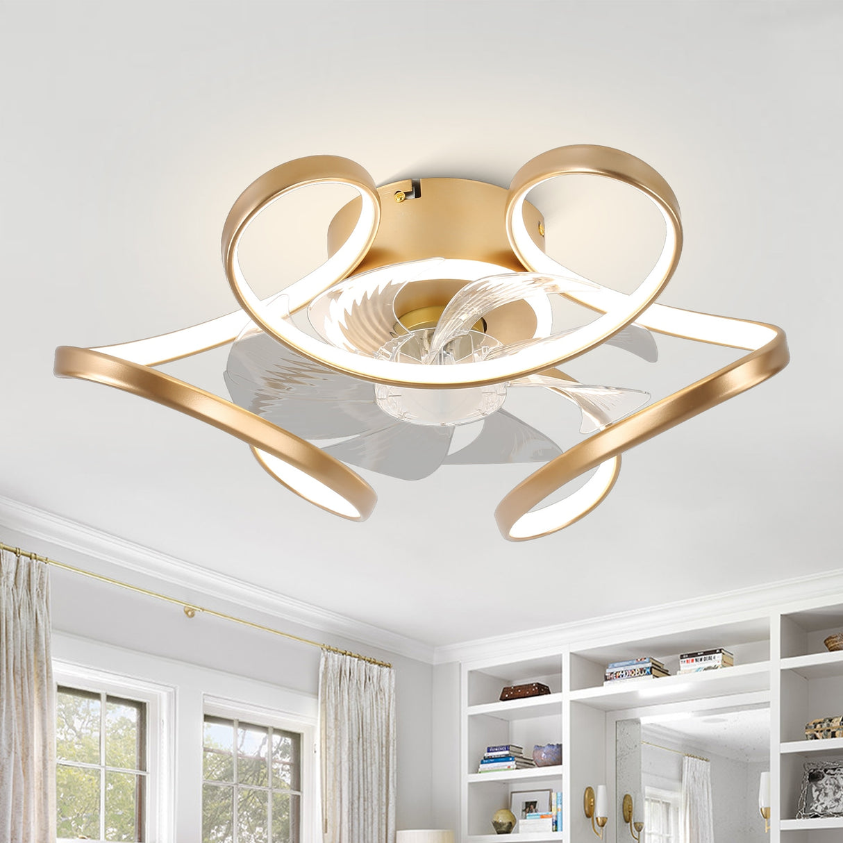 Oaks Aura 22"Futuristic Black Modern Flush Mount Ceiling Fan with Light, Low Profile 6-Speed Smart APP Ceiling Fan With Remote