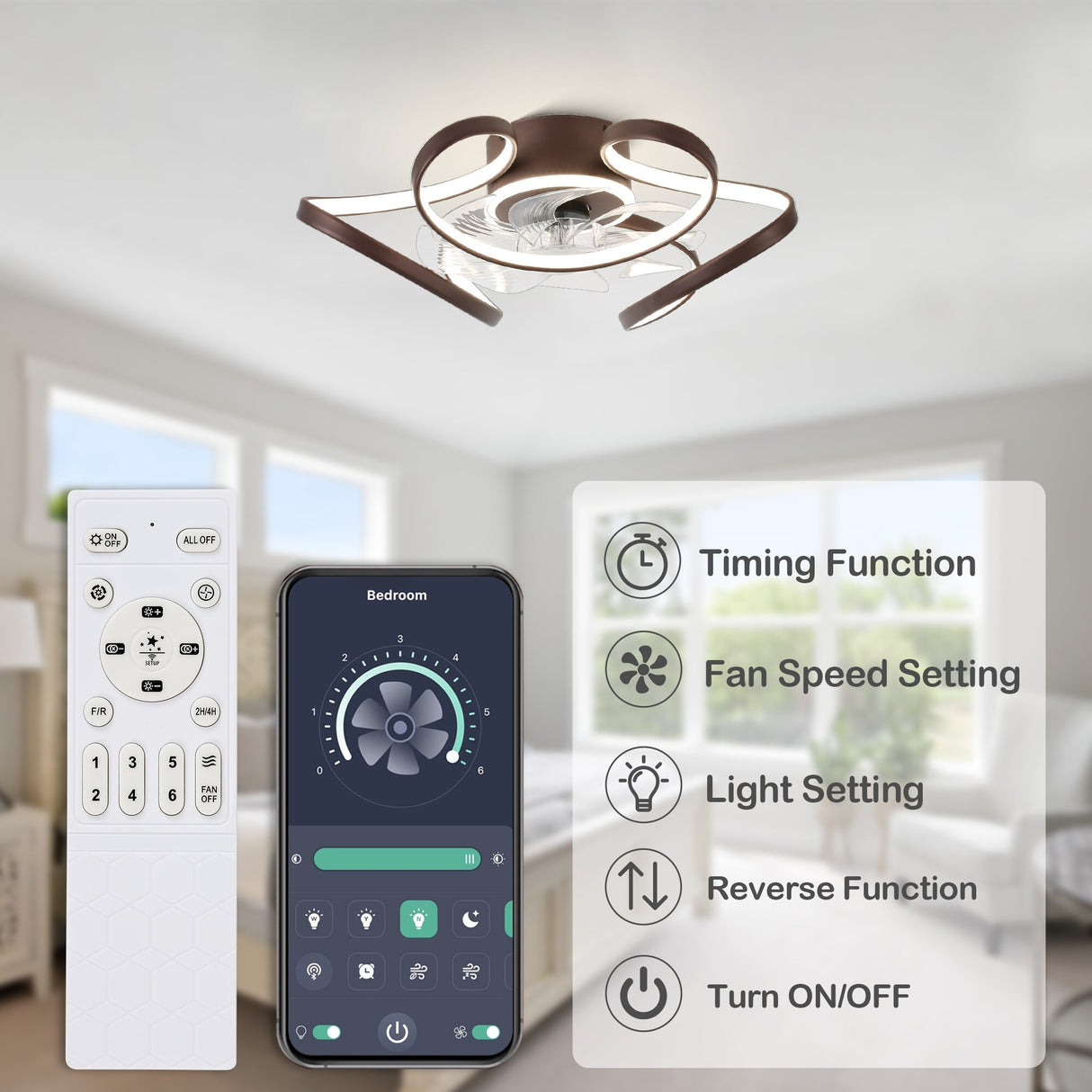 Oaks Aura 22"Futuristic Black Modern Flush Mount Ceiling Fan with Light, Low Profile 6-Speed Smart APP Ceiling Fan With Remote