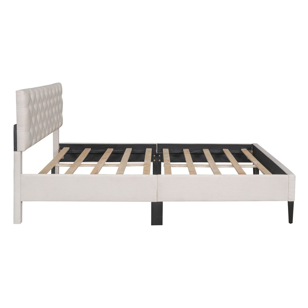Oaks Aura Modern Upholstered Linen Platform Bed, Queen Size Wooden Bed Frame with Tufted Headboard, Solid Wooden Slat Support