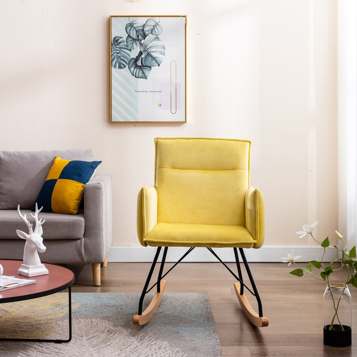 Oaks Aura Yellow Velvet Rocking Chair, Upholstered Accent Armchair for Living Room