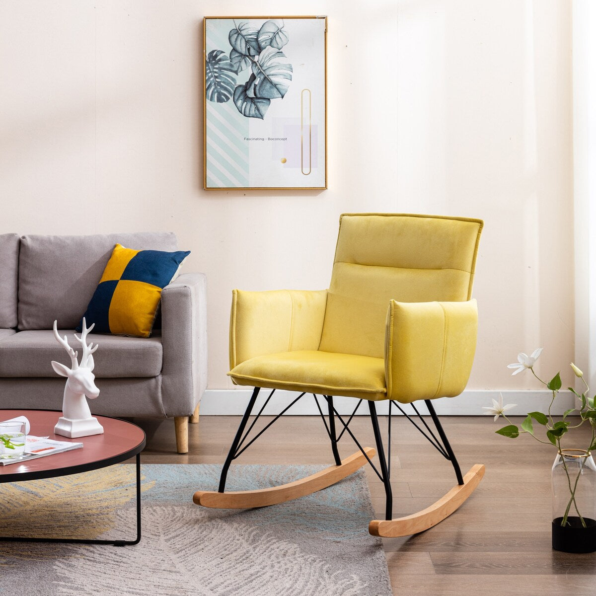 Oaks Aura Yellow Velvet Rocking Chair, Upholstered Accent Armchair for Living Room