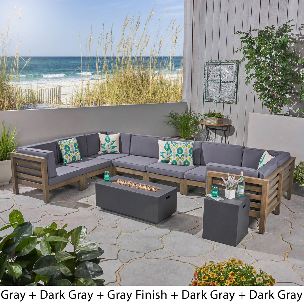 Oana Outdoor U-shaped 8-seat Acacia Sectional Sofa Set w/ Fire Pit by Christopher Knight Home