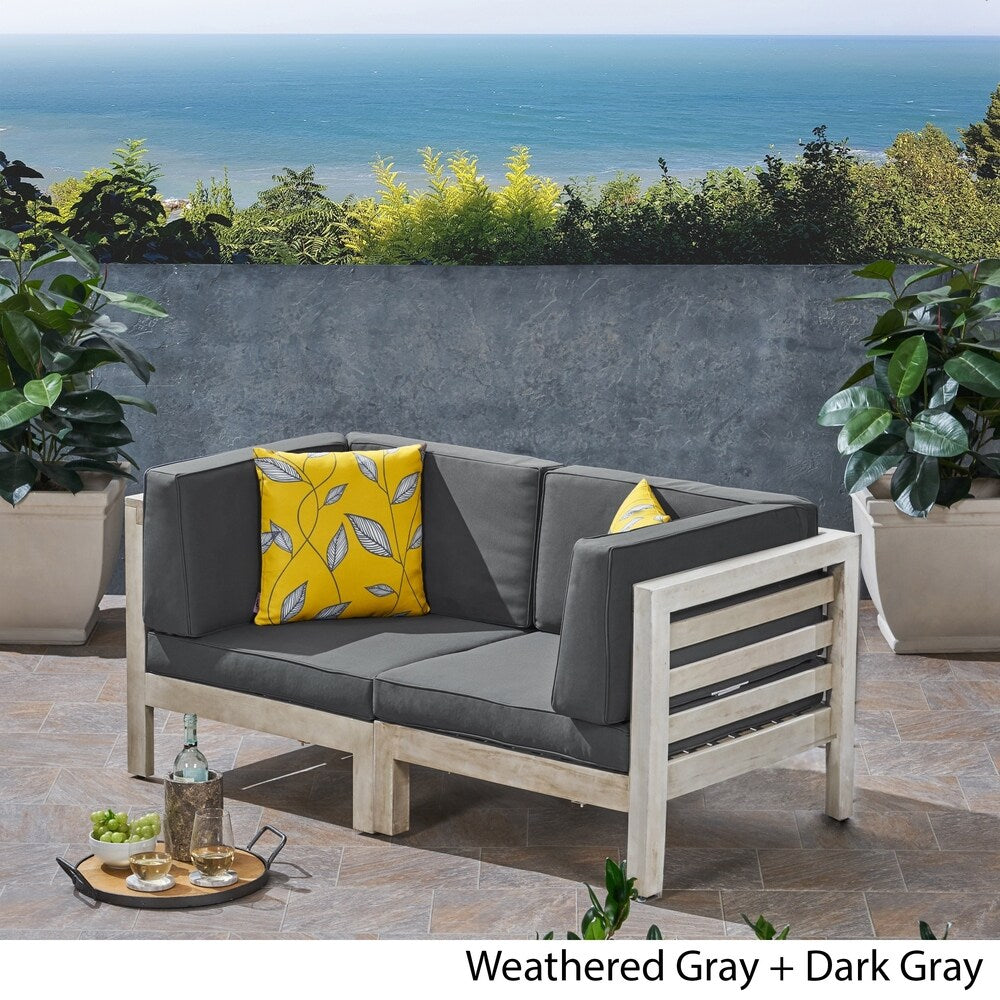 Oana Outdoor 2-Seater Acacia Wood Sectional Loveseat Set With Cushions by Christopher Knight Home
