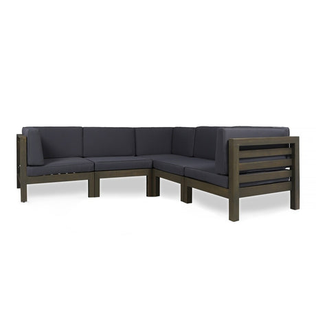 Oana Outdoor 5-Seater V-Shaped Acacia Wood Sectional Sofa Set With Cushions by Christopher Knight Home