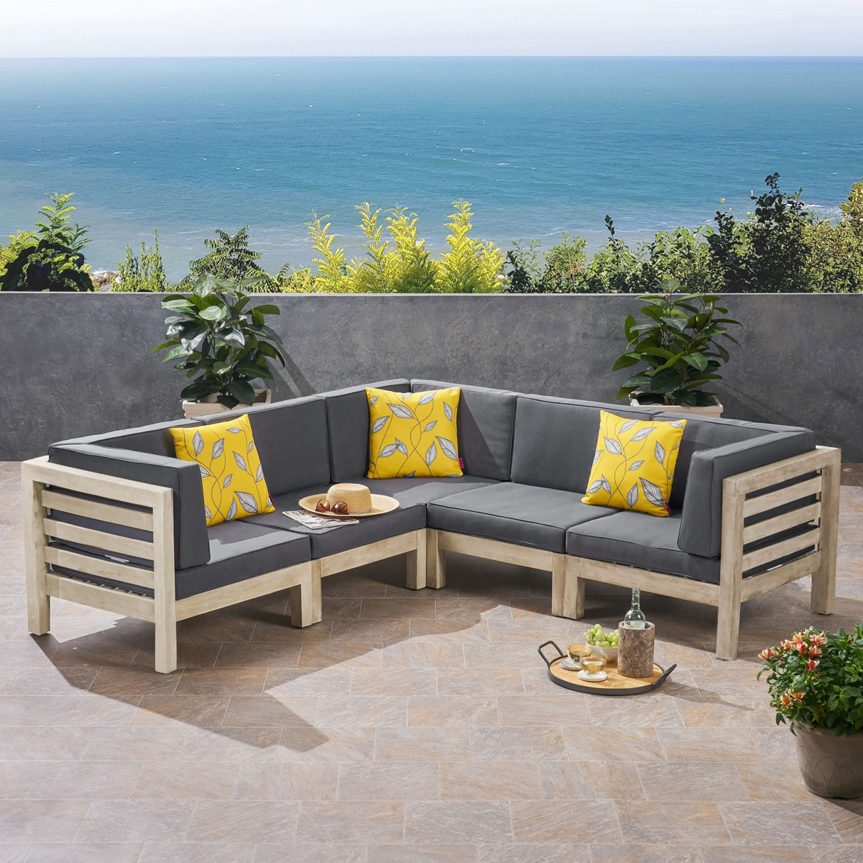Oana Outdoor 5-Seater V-Shaped Acacia Wood Sectional Sofa Set With Cushions by Christopher Knight Home