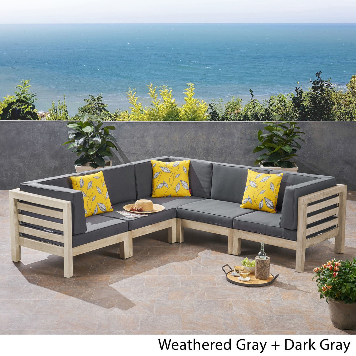 Oana Outdoor 5-Seater V-Shaped Acacia Wood Sectional Sofa Set With Cushions by Christopher Knight Home
