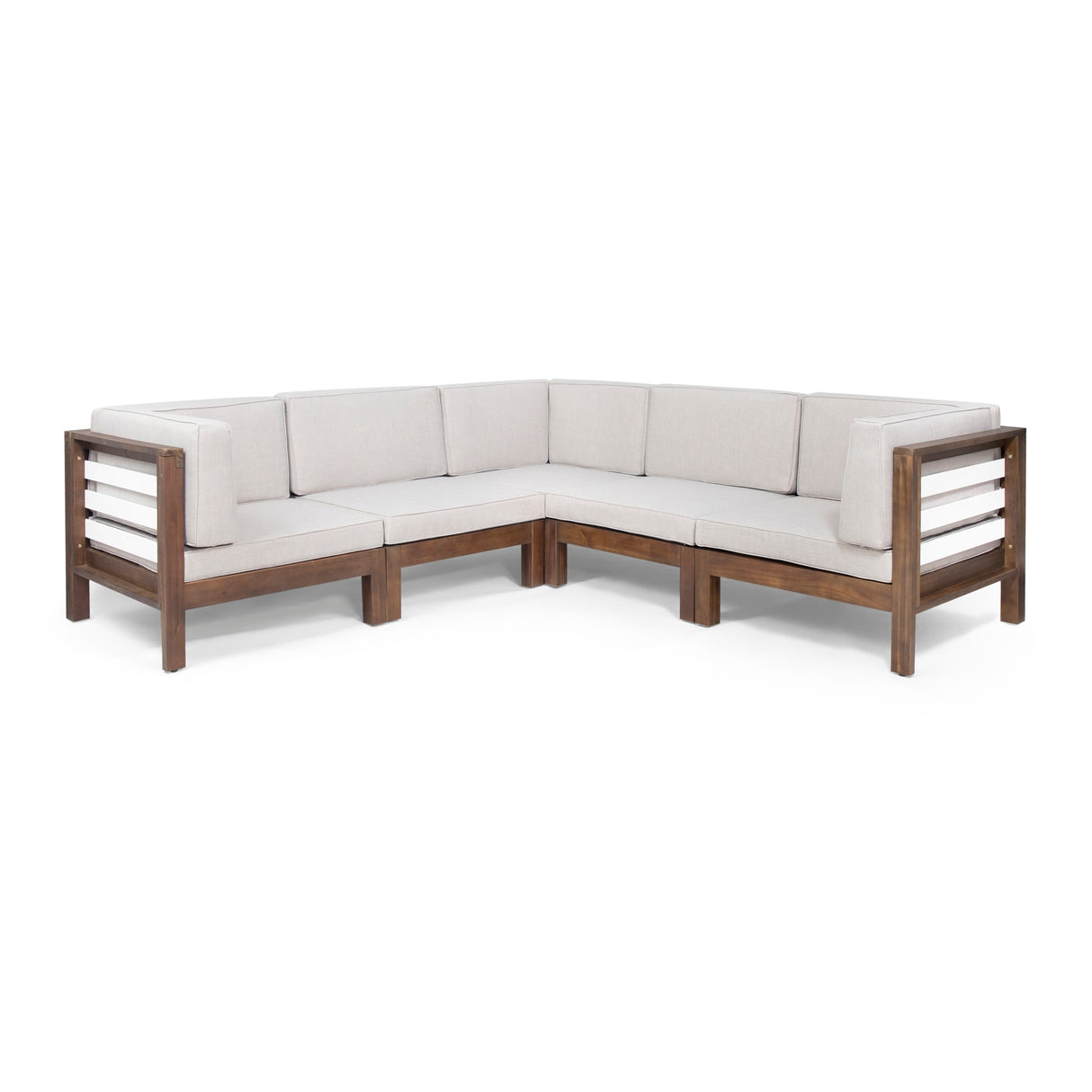Oana Outdoor 5-Seater V-Shaped Acacia Wood Sectional Sofa Set With Cushions by Christopher Knight Home