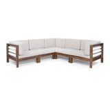 Oana Outdoor 5-Seater V-Shaped Acacia Wood Sectional Sofa Set With Cushions by Christopher Knight Home