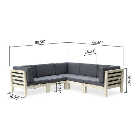 Oana Outdoor 5-Seater V-Shaped Acacia Wood Sectional Sofa Set With Cushions by Christopher Knight Home