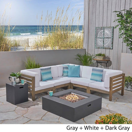 Oana Outdoor 7-Piece V-Shaped Acacia Wood Sectional Sofa Set with Fire Pit by Christopher Knight Home