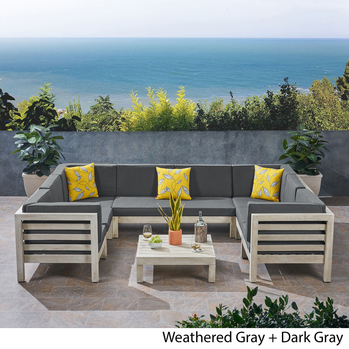 Oana Outdoor 8-Seater Acacia Wood U-Shaped Sectional Sofa Set with Coffee Table by Christopher Knight Home