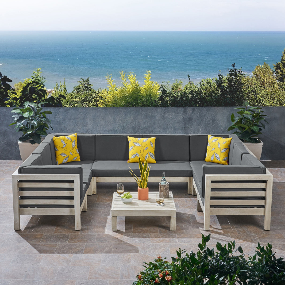 Oana Outdoor 8-Seater Acacia Wood U-Shaped Sectional Sofa Set with Coffee Table by Christopher Knight Home
