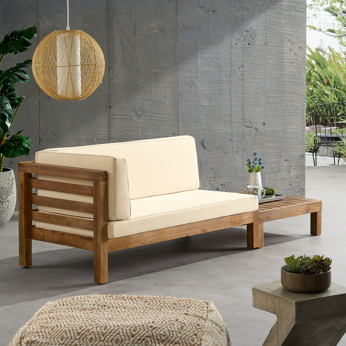Oana Outdoor Acacia Wood Left Arm Loveseat and Coffee Table Set with Cushion by Christopher Knight Home