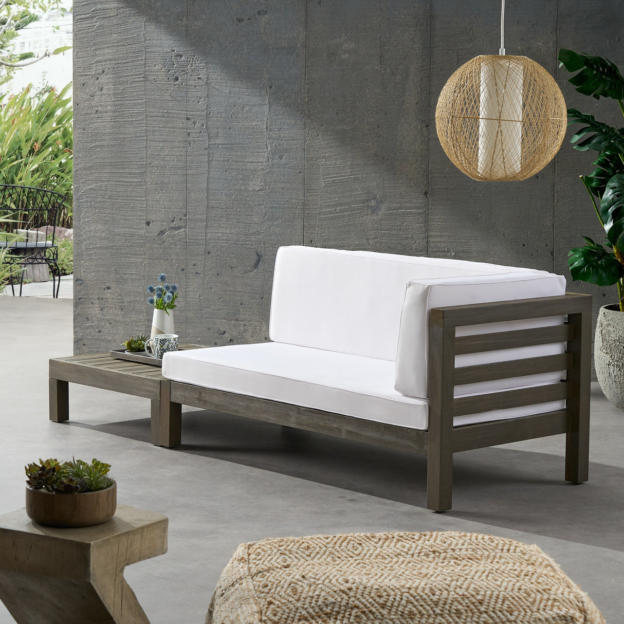 Oana Outdoor Acacia Wood Right Arm Loveseat and Coffee Table Set with Cushion by Christopher Knight Home