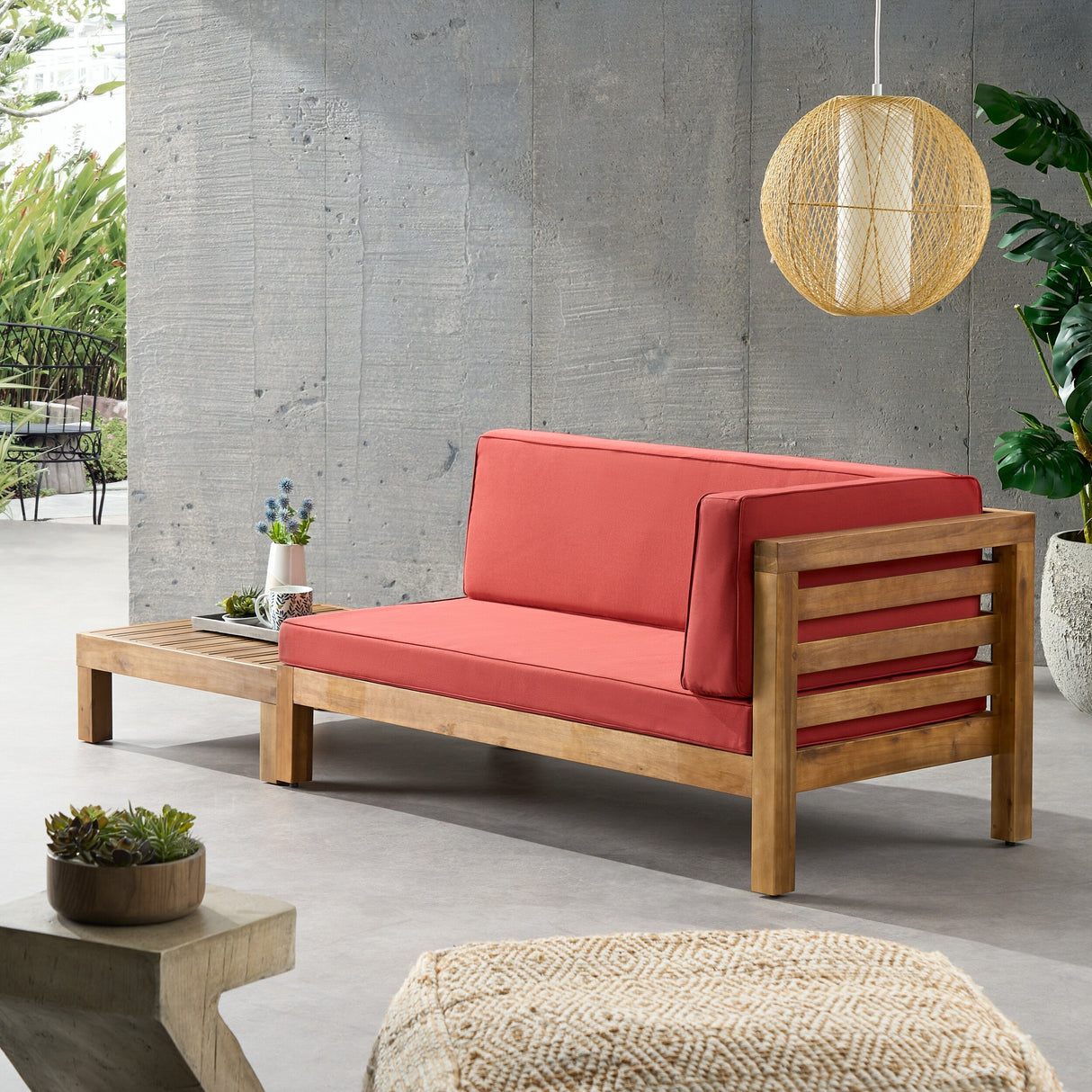 Oana Outdoor Acacia Wood Right Arm Loveseat and Coffee Table Set with Cushion by Christopher Knight Home
