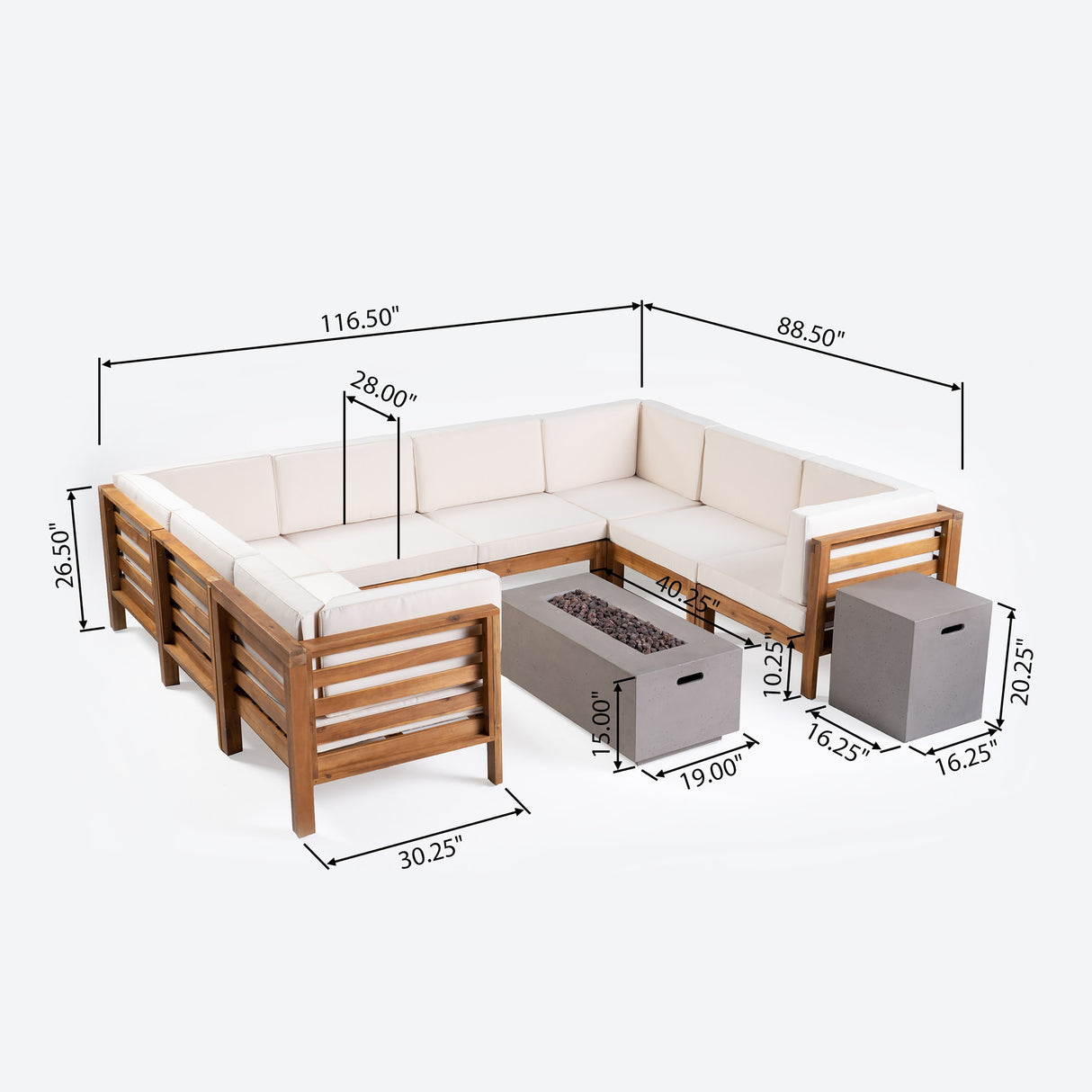 Oana Outdoor U-shaped 8-seat Acacia Sectional Sofa Set w/ Fire Pit by Christopher Knight Home