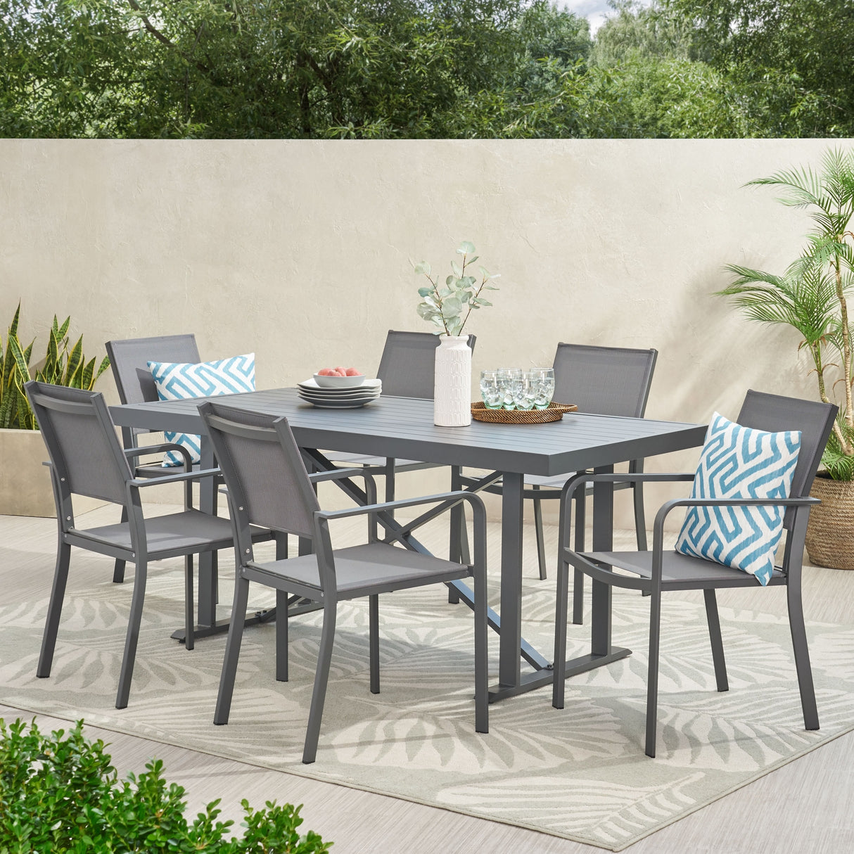Odom Outdoor Modern Industrial Aluminum 7 Piece Dining Set with Mesh Seating by Christopher Knight Home
