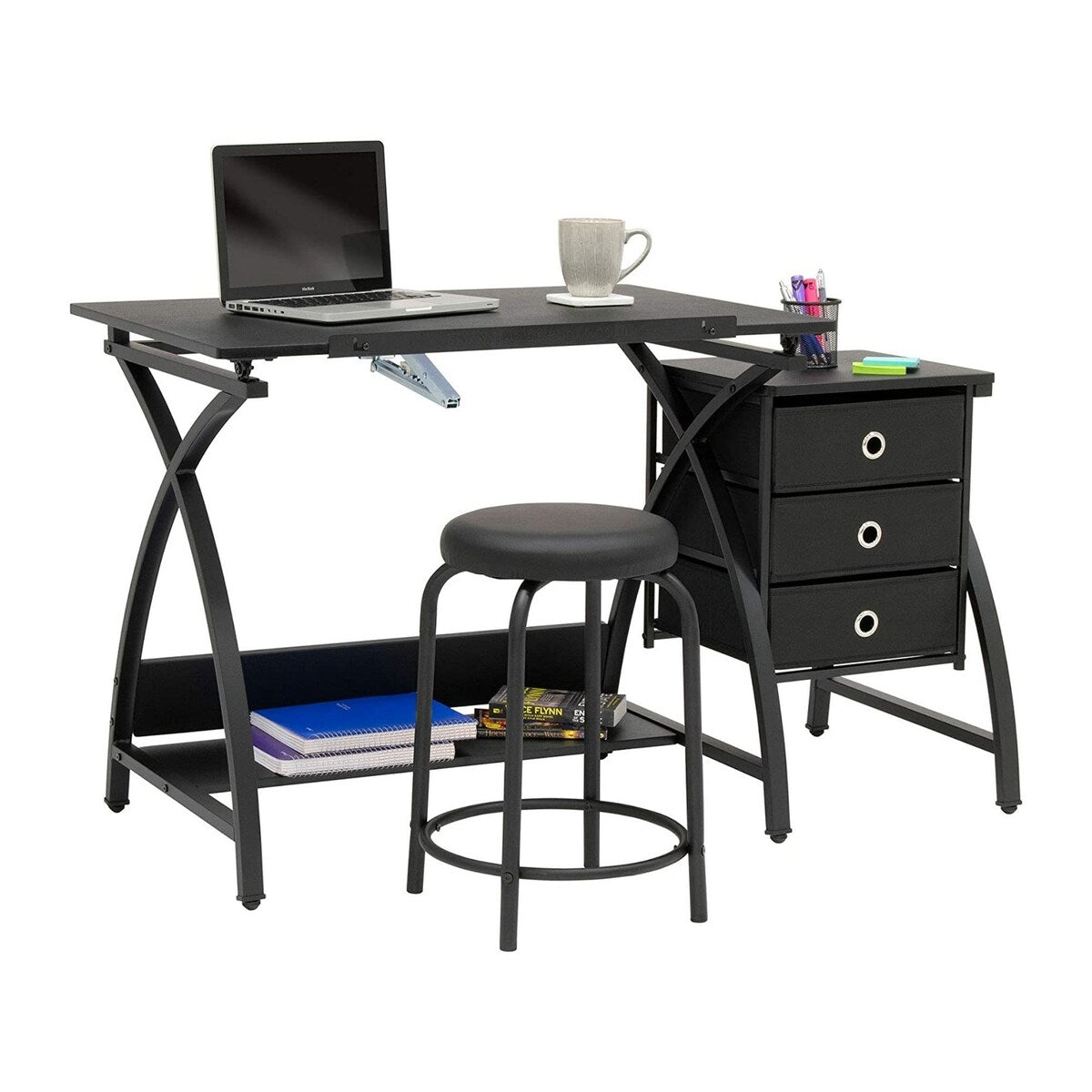 Offex 2 Pc Venus Craft Table with Angle Adjustable Top & Stool - Black