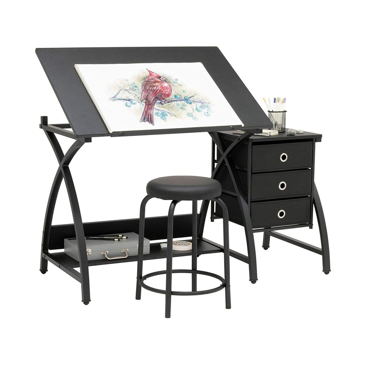 Offex 2 Pc Venus Craft Table with Angle Adjustable Top & Stool - Black