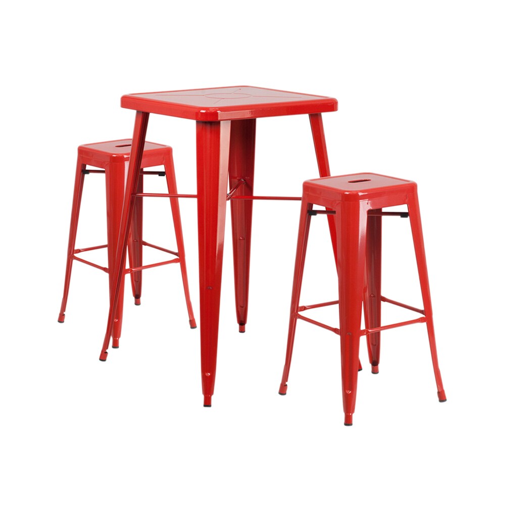 Offex Red Metal Indoor-Outdoor Bar Table Set with 2 Backless Barstools