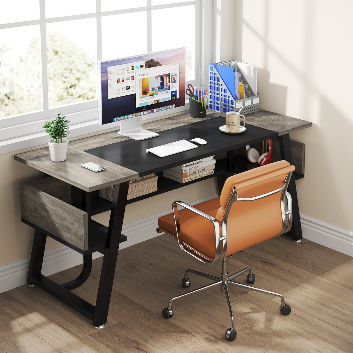 Office Executive Desk with Storage Shelf, Business Workstation, Writing Desk for the boss room
