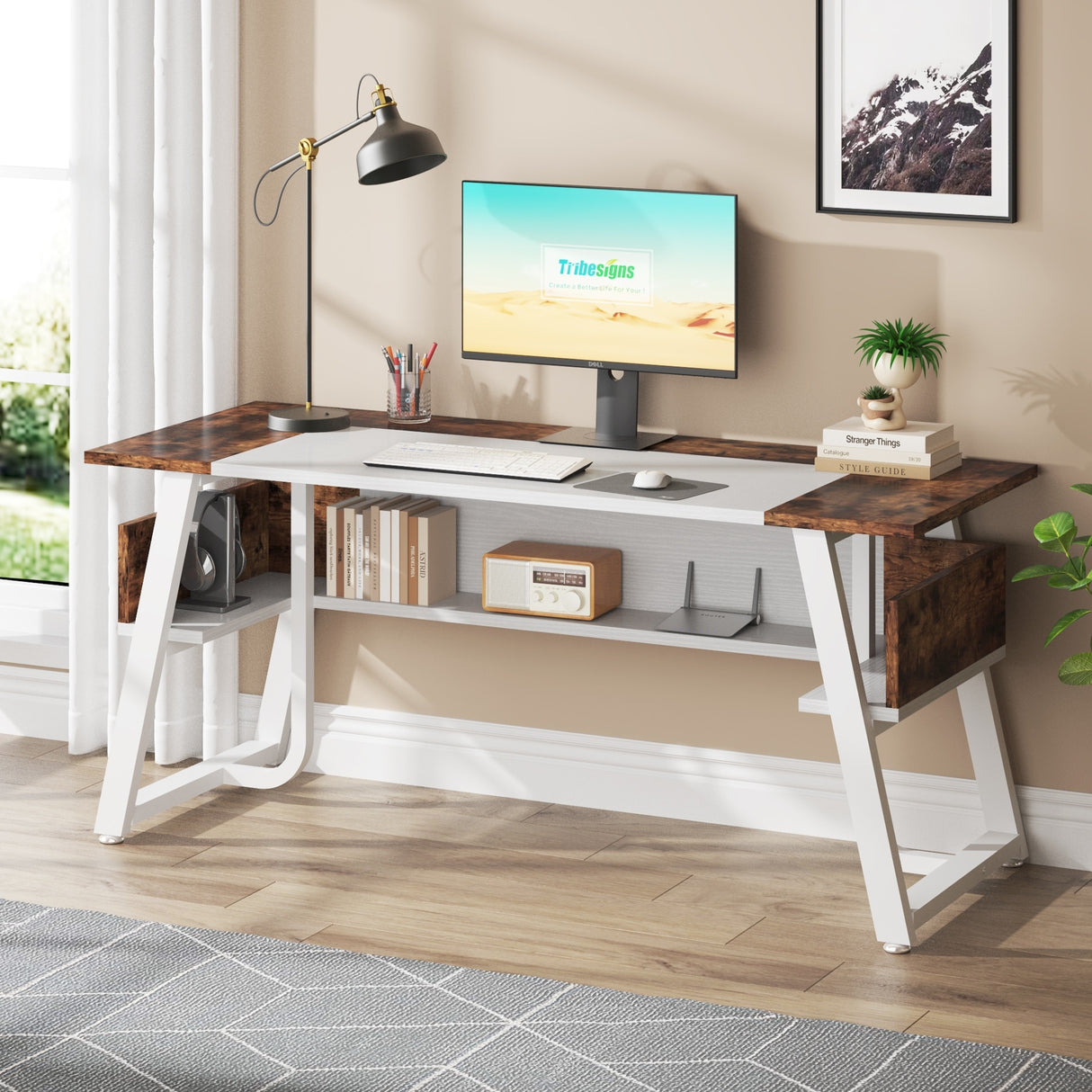 Office Executive Desk with Storage Shelf, Business Workstation, Writing Desk for the boss room