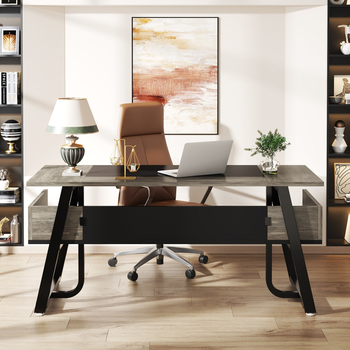 Office Executive Desk with Storage Shelf, Business Workstation, Writing Desk for the boss room