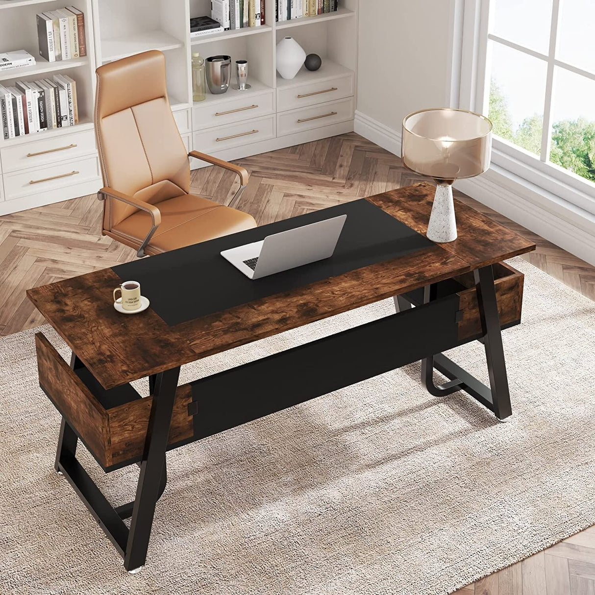 Office Executive Desk with Storage Shelf, Business Workstation, Writing Desk for the boss room