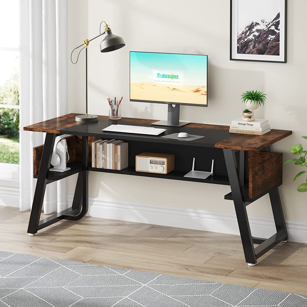 Office Executive Desk with Storage Shelf, Business Workstation, Writing Desk for the boss room