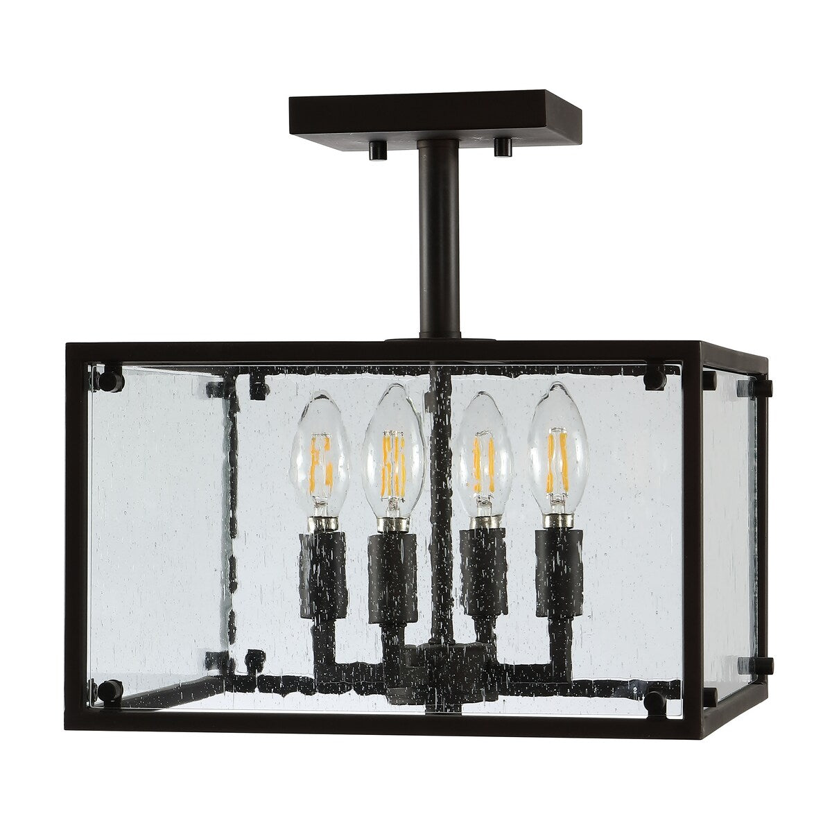 Ogee 13" 4-Light Iron/Seeded Glass Rustic Farmhouse LED Flush Mount, Oil Rubbed Bronze by JONATHAN Y