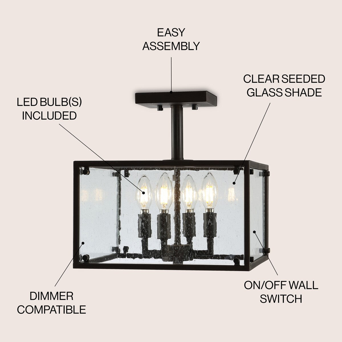 Ogee 13" 4-Light Iron/Seeded Glass Rustic Farmhouse LED Flush Mount, Oil Rubbed Bronze by JONATHAN Y