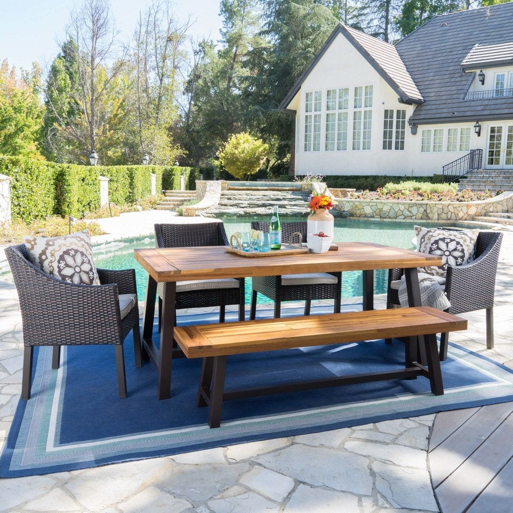 Okane Outdoor 6-piece Rustic Rectangle Dining Set with Seat Cushions by Christopher Knight Home