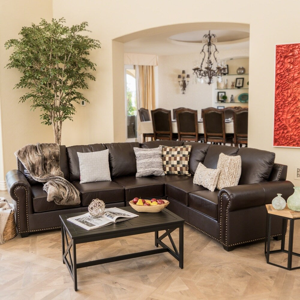 Olivia Brown Leather Sectional Couch by Christopher Knight Home