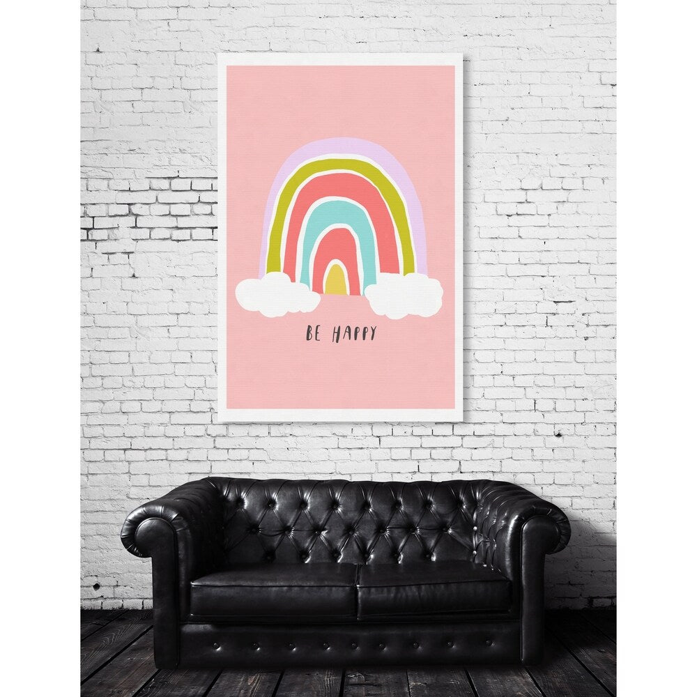Oliver Gal 'Be Happy Rainbow' Typography and Quotes Wall Art Canvas Print - Pink, Purple