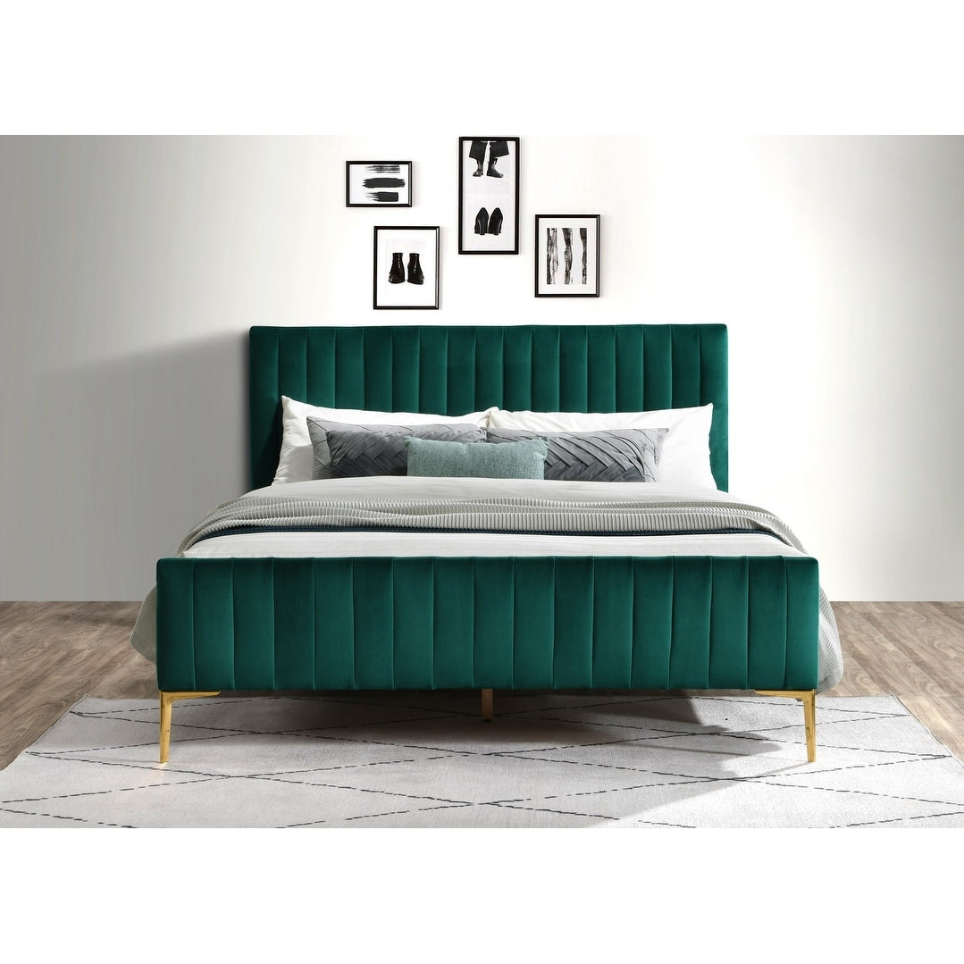Omax Decor Julia Upholstered Platform Bed with Channel Tufted Headboard and Gold Legs