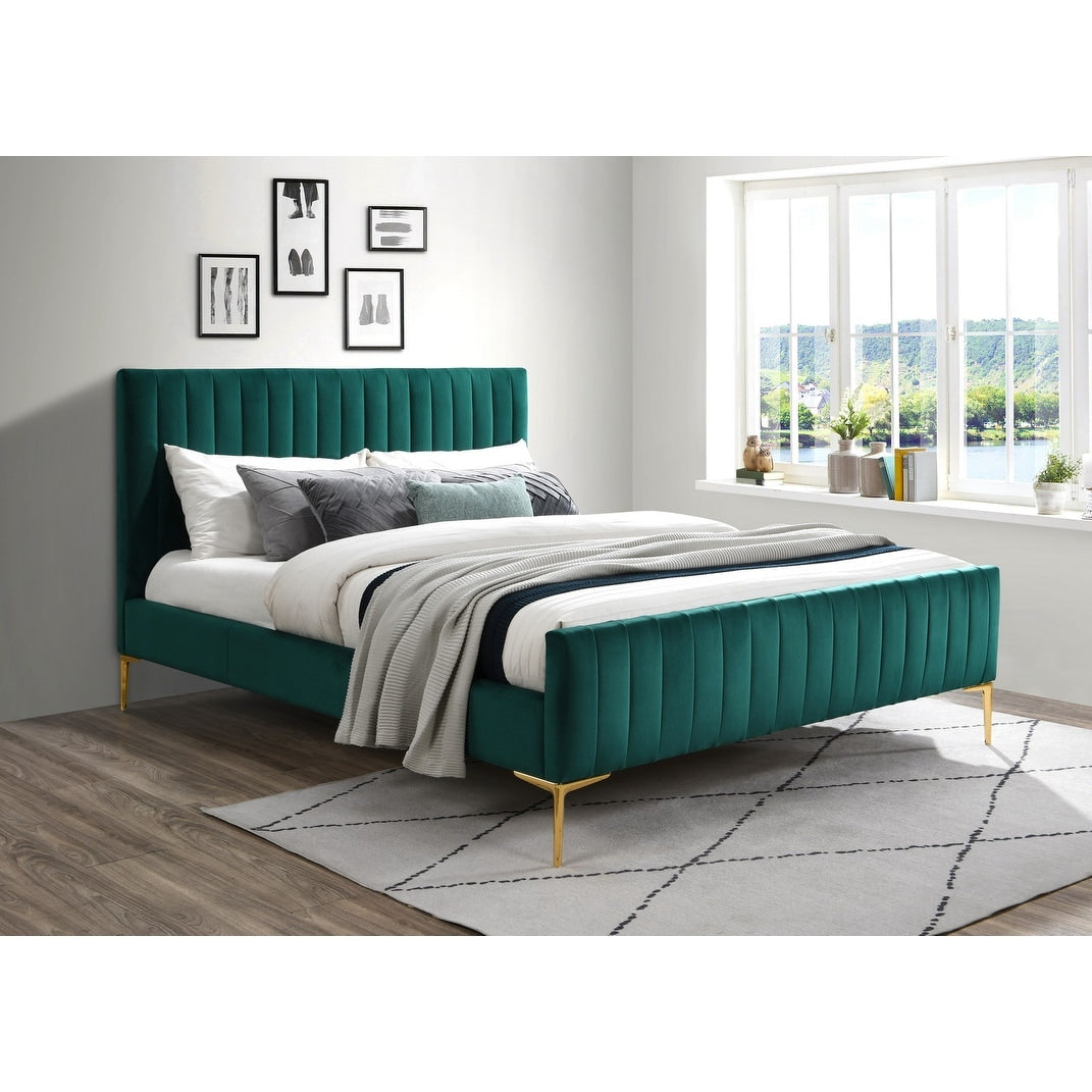 Omax Decor Julia Upholstered Platform Bed with Channel Tufted Headboard and Gold Legs