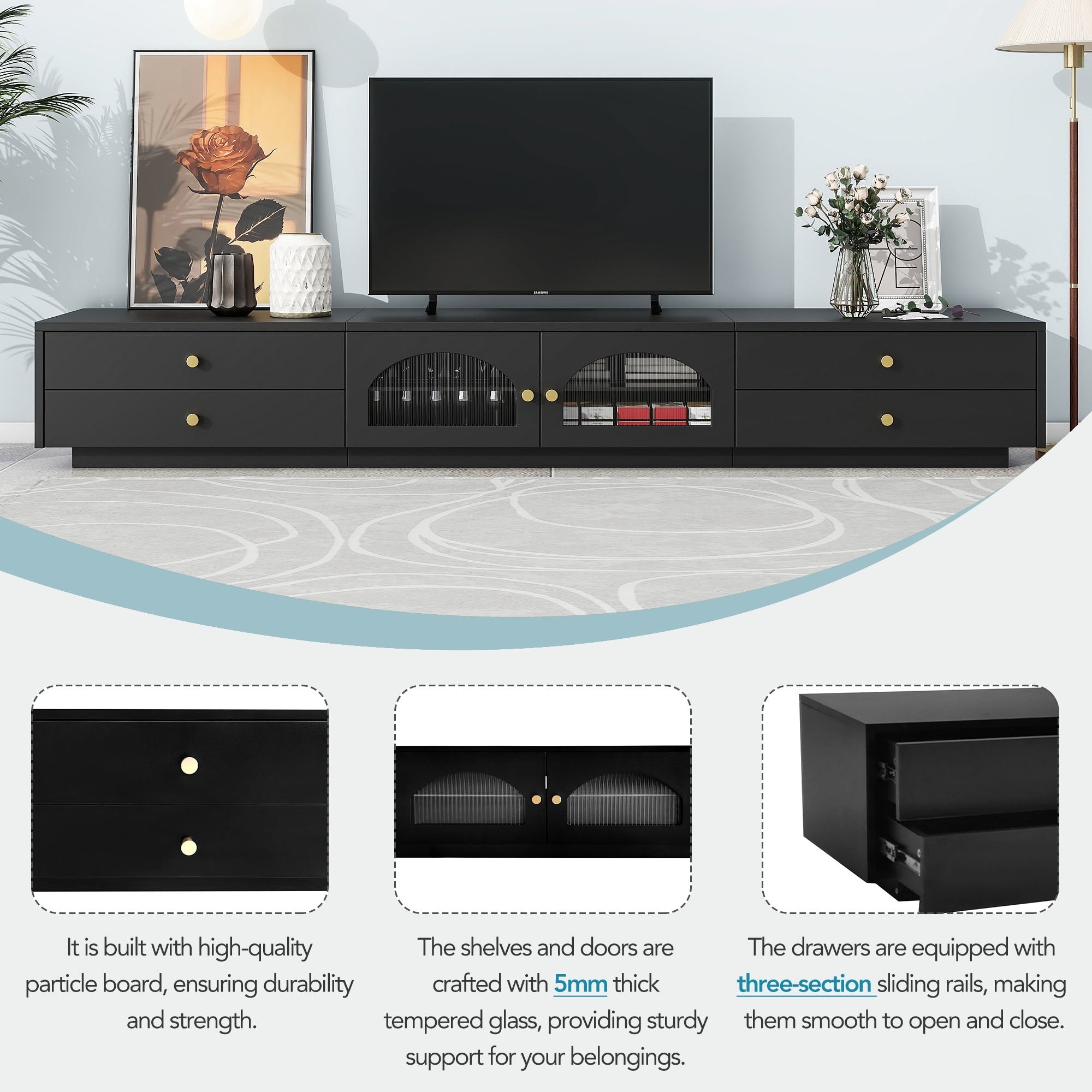 86-inch Luxurious TV Stand Media Console Fluted Glass Doors