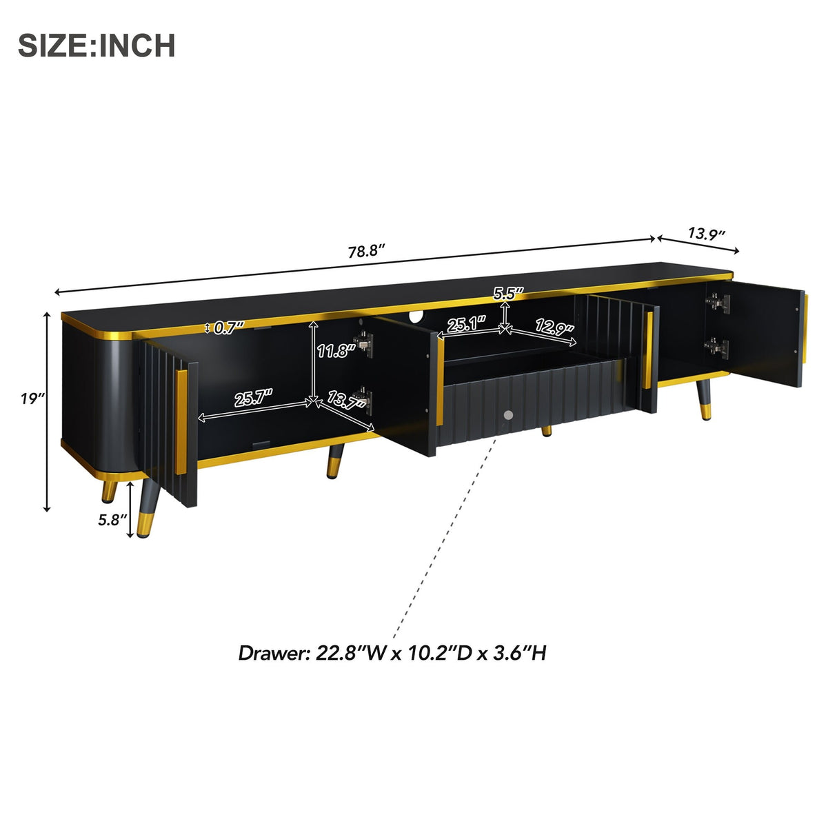 Luxury Minimalism TV Stand Storage Cabinet with Golden Accents - 13.90 x 78.80 x 19.00