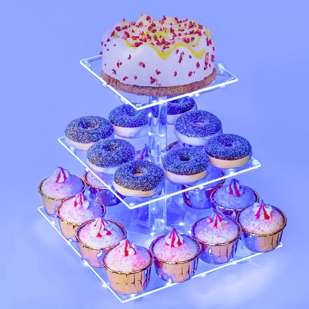 OnDisplay 3 Tier LED Light Clear Acrylic Appetizer/Cupcake Tower Display Stand - Multicolor