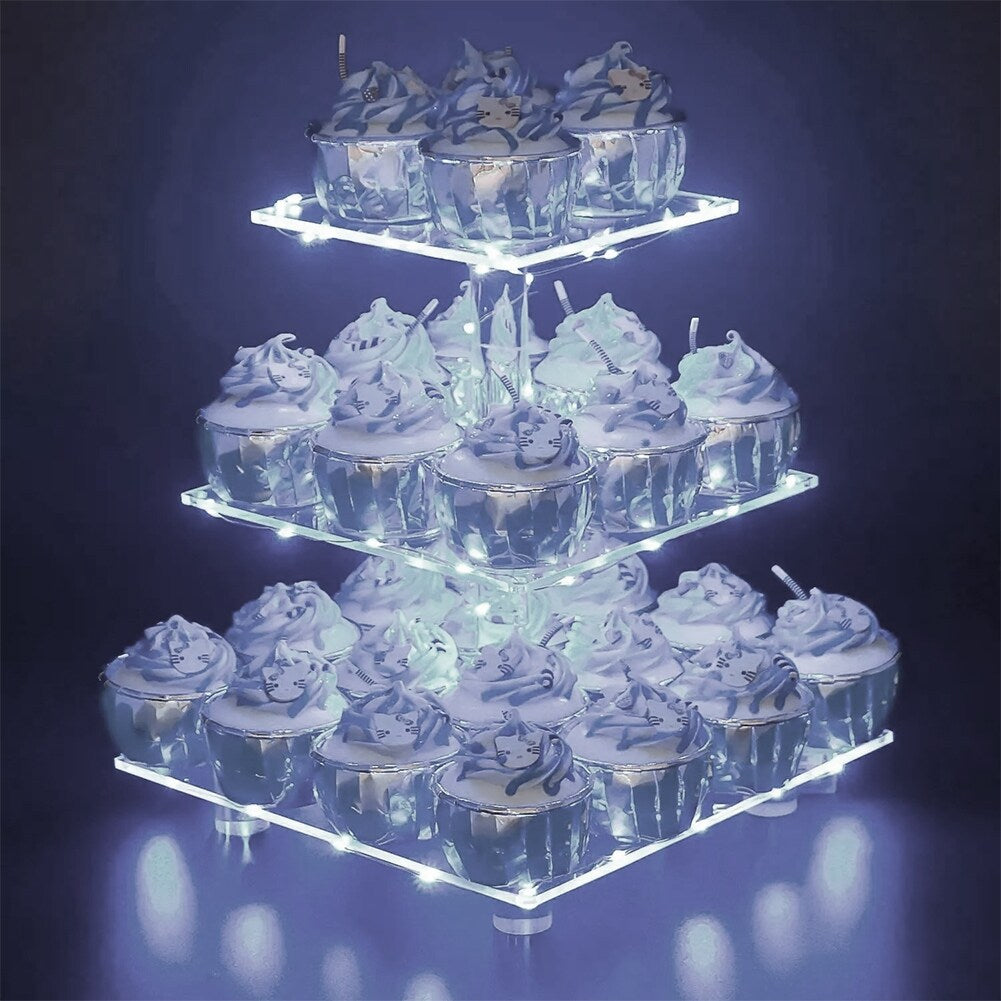 OnDisplay 3 Tier LED Light Clear Acrylic Appetizer/Cupcake Tower Display Stand - Multicolor