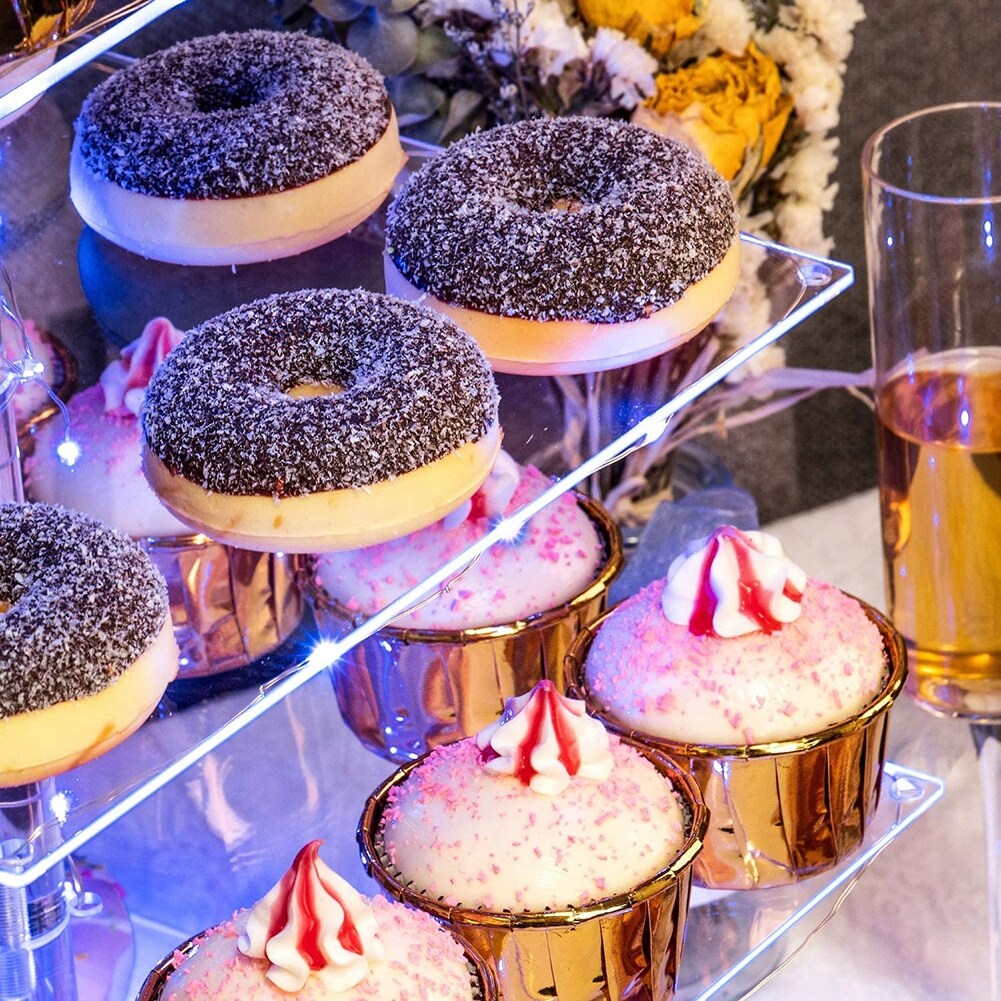OnDisplay 3 Tier LED Light Clear Acrylic Appetizer/Cupcake Tower Display Stand - Multicolor