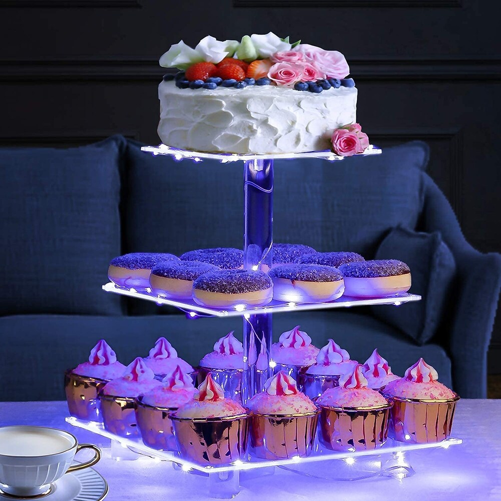 OnDisplay 3 Tier LED Light Clear Acrylic Appetizer/Cupcake Tower Display Stand - Multicolor