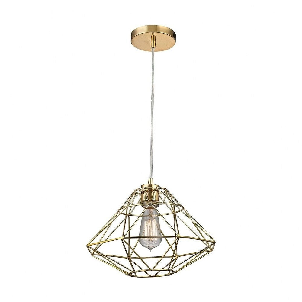 One Light Geometric Pendant with Exposed Bulb and Cooperating Triangles Gold Finish with Metal Cage