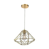 One Light Geometric Pendant with Exposed Bulb and Cooperating Triangles Gold Finish with Metal Cage