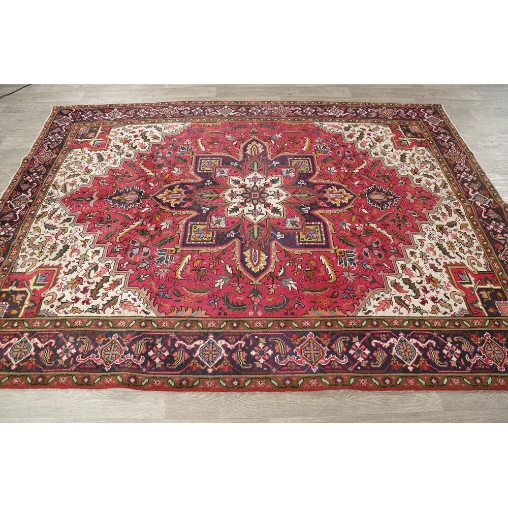 One of a Kind Heriz Geometric Handmade Wool Persian Oriental Area Rug - 9'1" x 6'5"