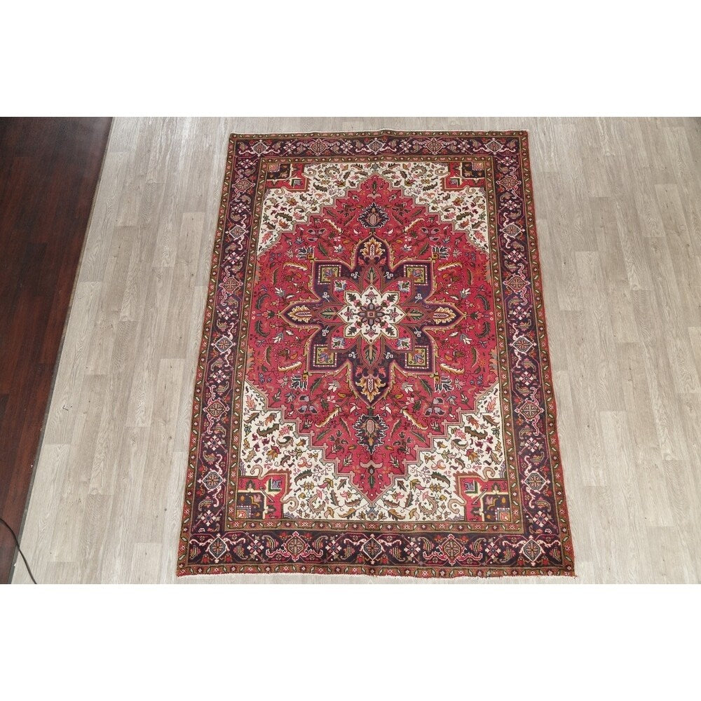 One of a Kind Heriz Geometric Handmade Wool Persian Oriental Area Rug - 9'1" x 6'5"