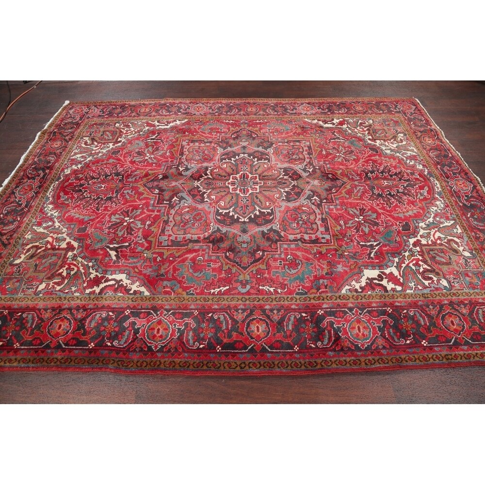 One of a Kind Heriz Geometric Handmade Wool Persian Oriental Area Rug - 9'11" x 7'4"