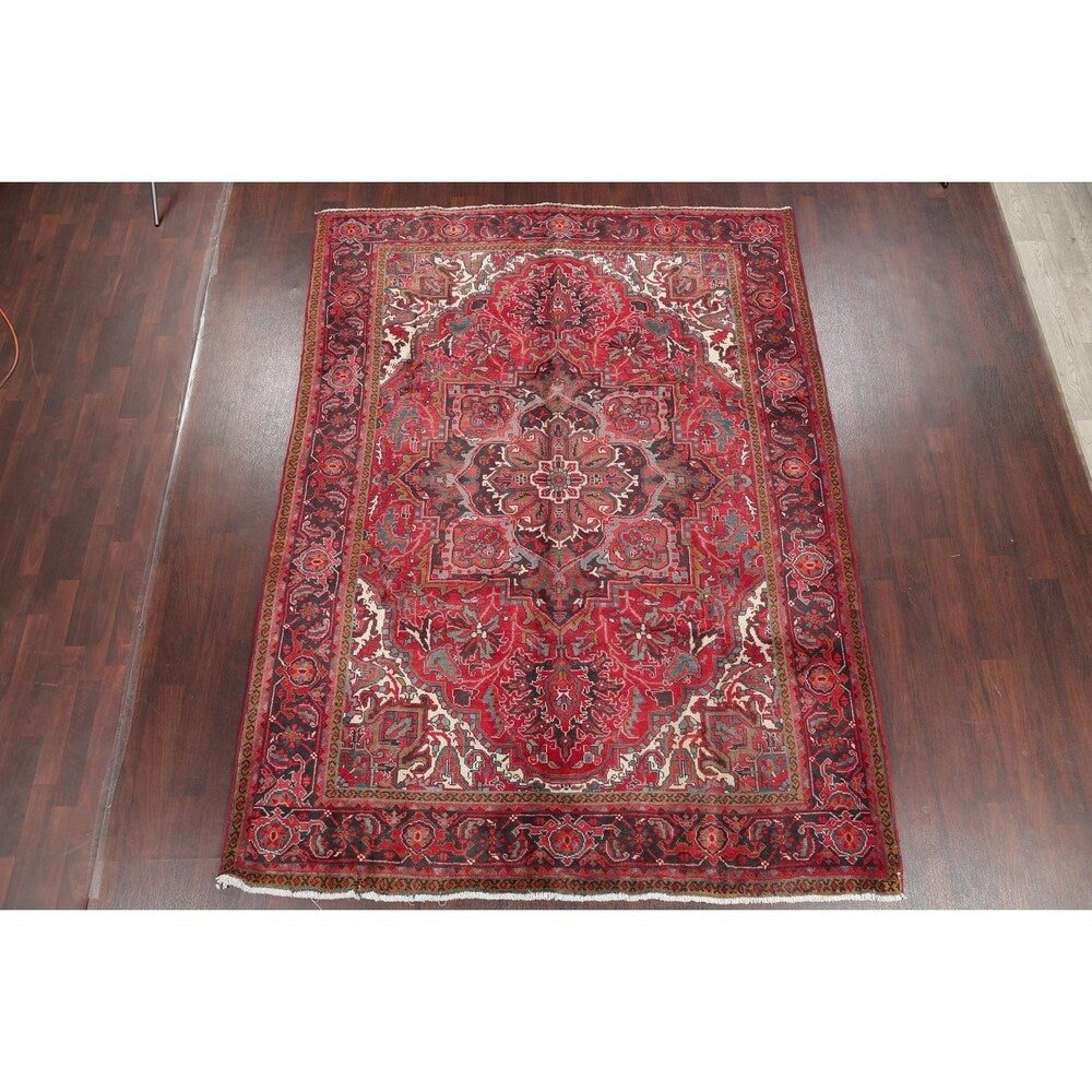 One of a Kind Heriz Geometric Handmade Wool Persian Oriental Area Rug - 9'11" x 7'4"